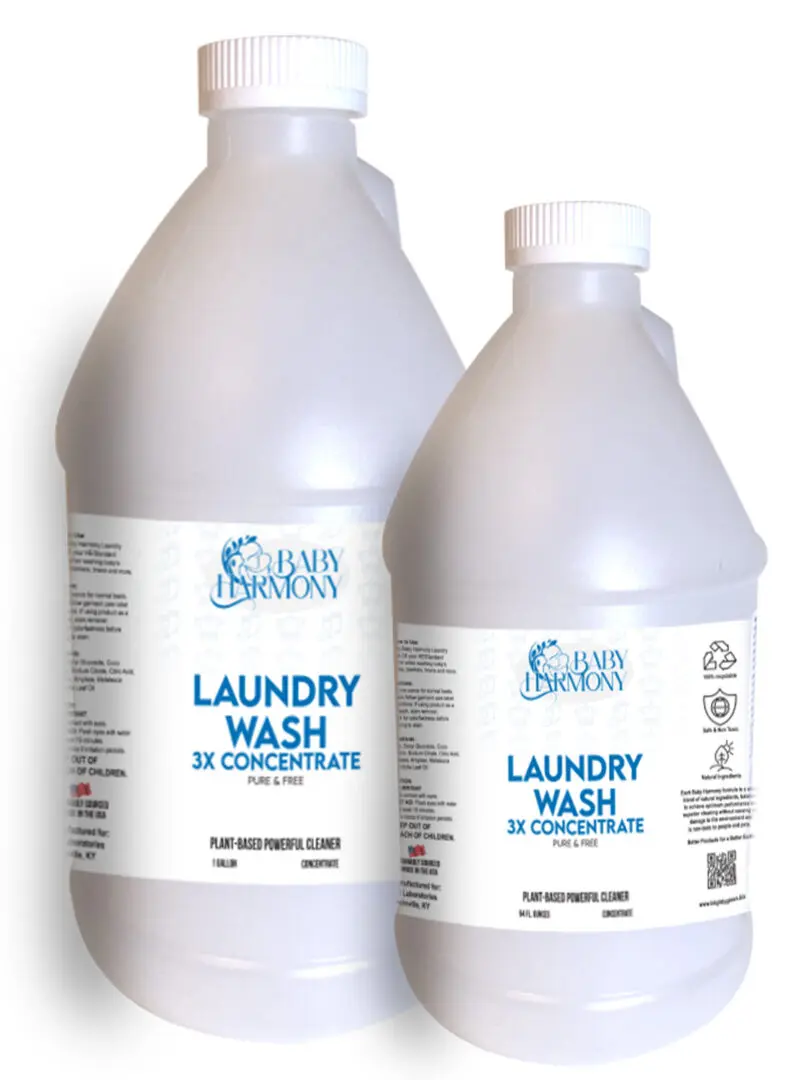 Baby Harmony all natural laundry wash in 64oz and 1 gallon jugs