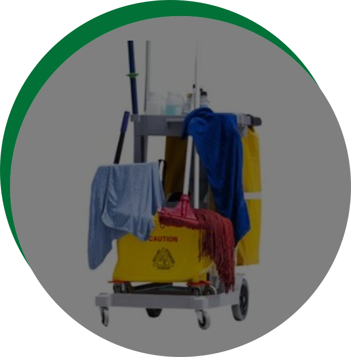 A yellow cleaning cart with blue and red towels.