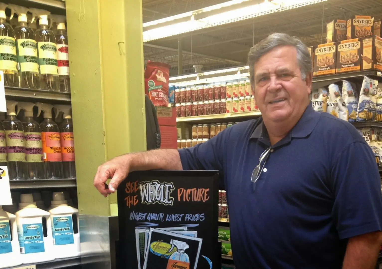 A man standing in front of a sign.