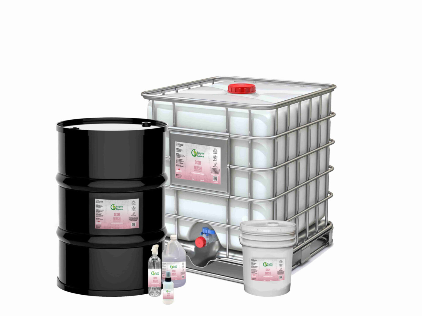 A group of barrels and containers with different types of liquids.