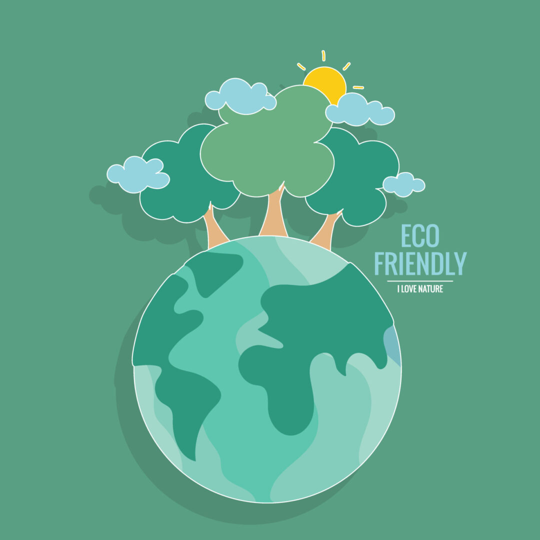 ECO FRIENDLY. Ecology concept with Green Eco Earth and Trees. Vector illustration