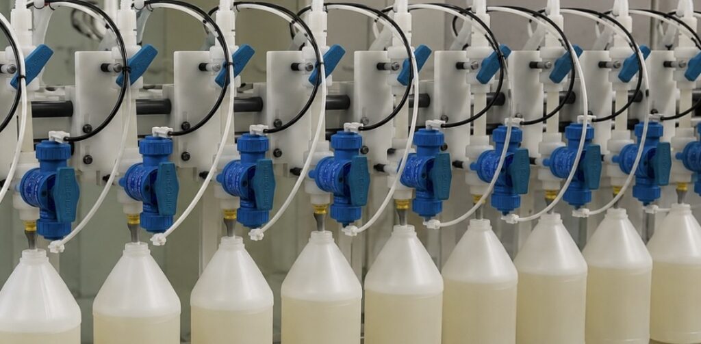 Row of blue dosing pumps filling plastic bottles